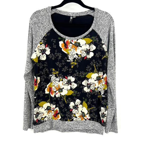 Kut From The Kloth Gray Black Floral Scoop Neckline Y2K Blouse Top Women's Large - Picture 1 of 7
